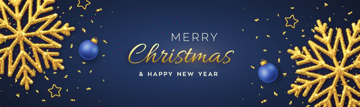 Christmas blue background with shining golden snowflakes vector