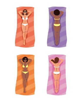 Women sunbathing icon set vector