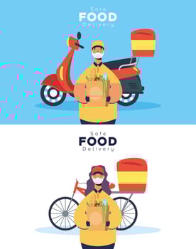 Safe food delivery banner set with worker and groceries vector