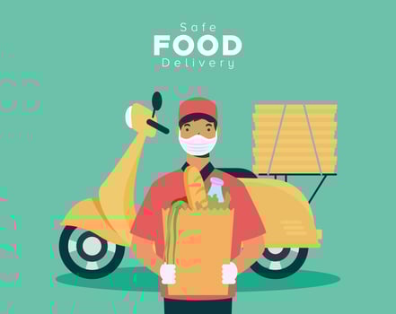 Safe food delivery banner with worker and groceries vector