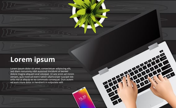 Hand typing laptop on the wood desk vector