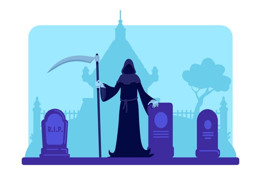 Grim reaper with scythe at cemetery vector