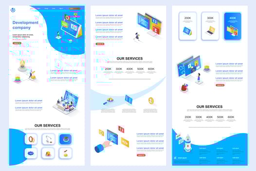 Development company isometric landing page. vector