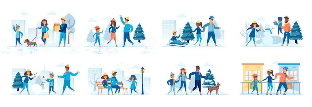 Family in winter park bundle of scenes with flat people characters vector