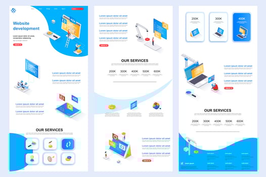 Website development isometric landing page. vector