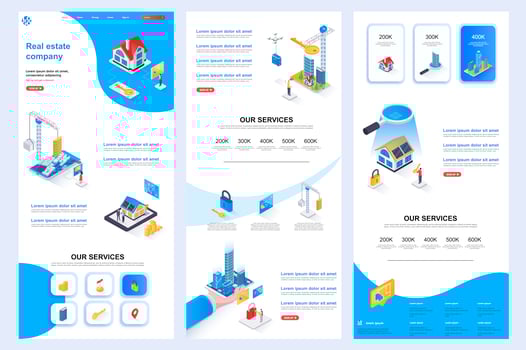 Real estate company isometric landing page. vector