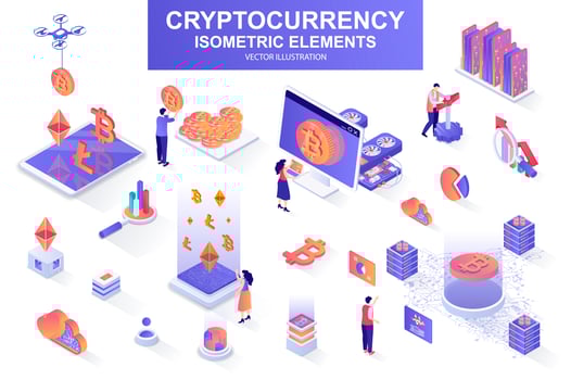 Cryptocurrency bundle of isometric elements. vector