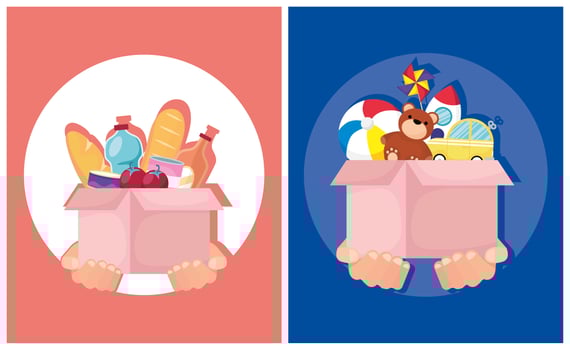 Charity and donation banner with food and toys vector
