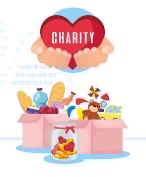 Charity and donation banner with food and toys vector