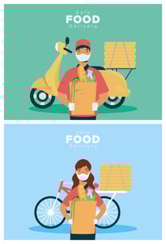 Safe food delivery workers with groceries bags vector