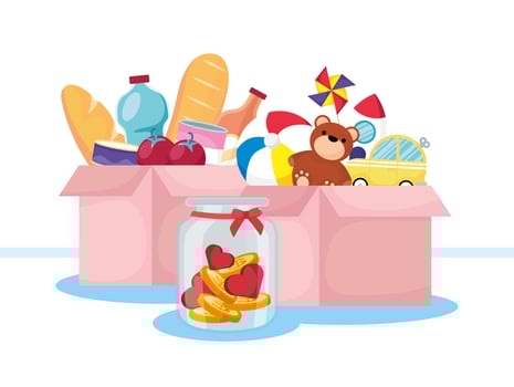 Charity and donation banner with food and toys vector