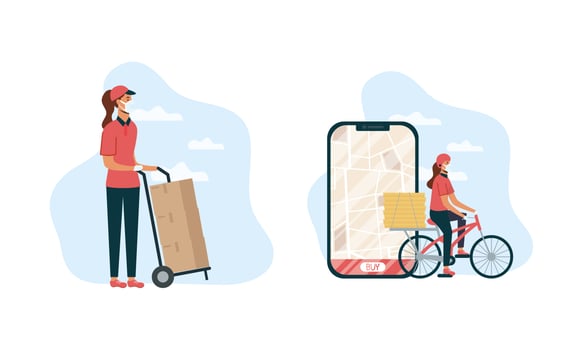 Safe online food delivery worker set vector