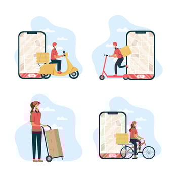 Safe online food delivery worker icon set vector