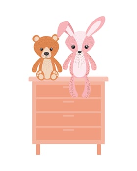 Cute bunny and teddy bear in shelving vector