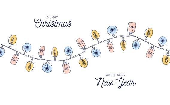 Vintage Christmas card with hand drawn light bulb garlands vector