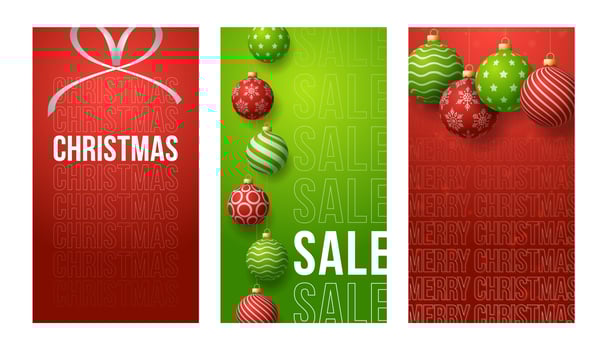 Merry Christmas vertical banner for stories. Red and green Vector Set of Christmas theme social media stories post, 3d realistic red and green bauble ball banner cover frame template