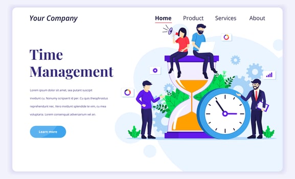 Landing page design concept of Time management with people work near a big clock and hourglass. Flat vector illustration