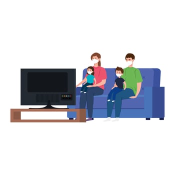 Stay at home campaign with family watching TV vector