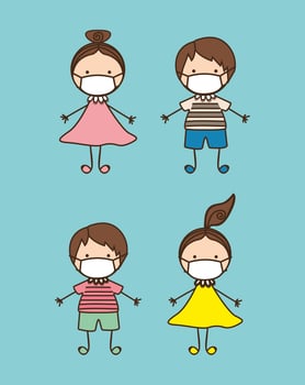 Boys and girls kids with masks against 2019 ncov virus vector design