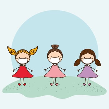 Girls kids with masks against 2019 ncov virus vector design