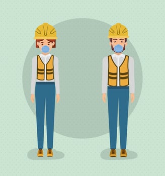 Women builders with masks and helmets against 2019 ncov virus vector design