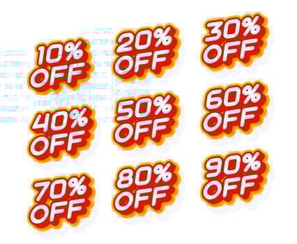 Sale percentage set 10 20 30 off and other red and yellow label template with 3d type style isolated on white background vector illustration.