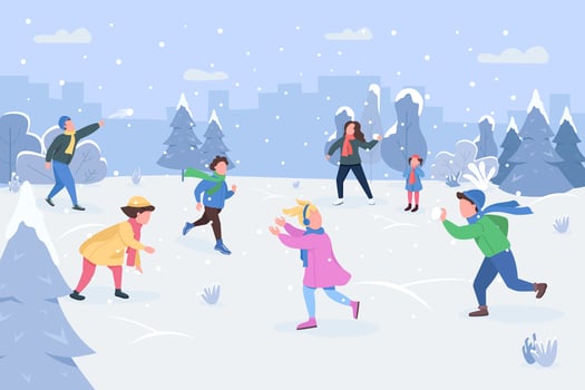 Snowball fight semi flat vector illustration