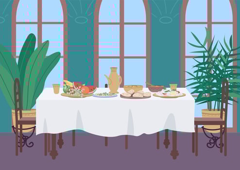 Indian dinner at home flat color vector illustration