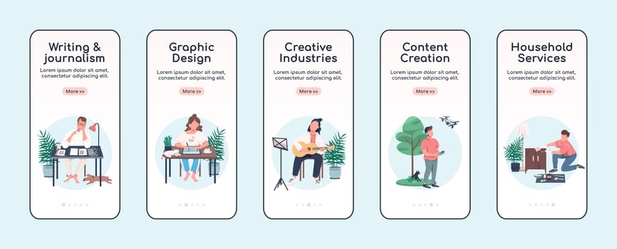 Creative activities onboarding mobile app screen flat vector template