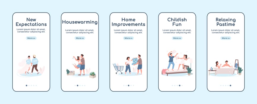 Married couple lifestyle onboarding mobile app screen flat vector template