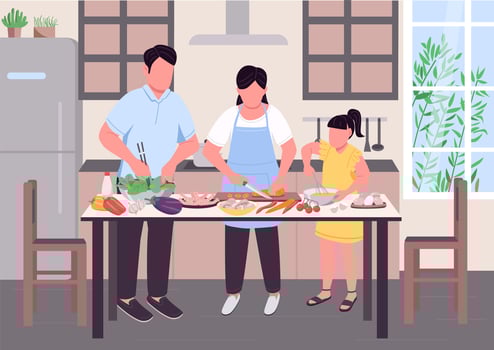 Family cooking together flat color vector illustration