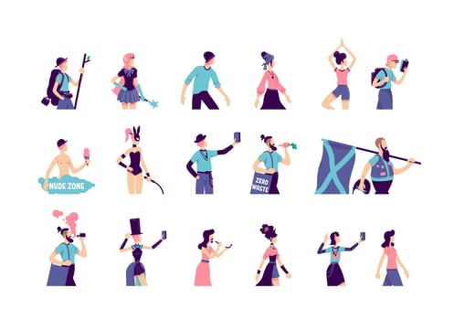 Subculture flat color vector faceless characters set