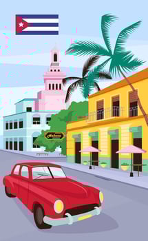 Red vintage car in Havana poster flat vector template