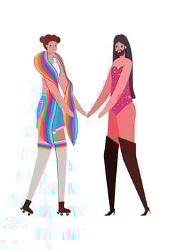 Woman and man cartoon with costume and lgtbi flag vector design