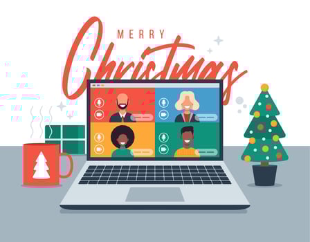 Christmas online greeting. People meeting online together with family or friends video calling on laptop virtual discussion. Merry and safe Christmas office desk workplace. Flat vector illustration