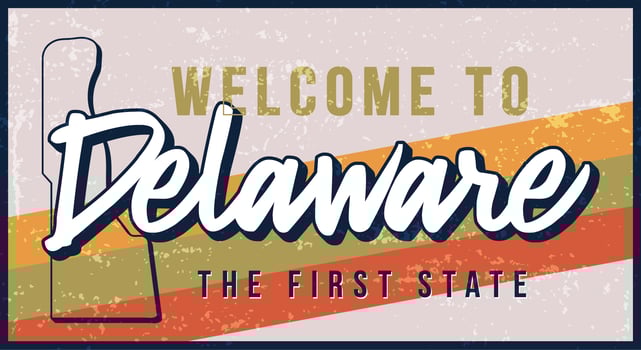 Welcome to Delaware vintage rusty metal sign vector illustration. Vector state map in grunge style with Typography hand drawn lettering