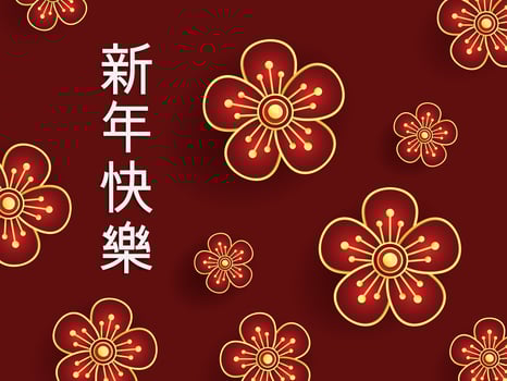 Red flowers illustration with Chinese calligraphy in red background vector