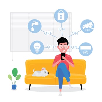 Smart home picture feature a man sitting on yellow sofa while controling electric appliance from phone vector