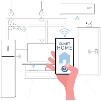 Smart home picture features a hand holding phone to control electric appliances in the house vector
