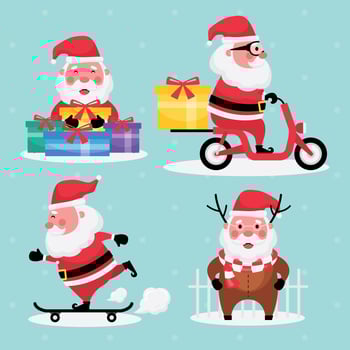Set of santa claus with gift, riding motorbike, and skateboard on a light blue background vector