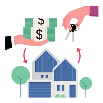 Closing deal of buying a house featuring a picture of exchanging cash with key vector