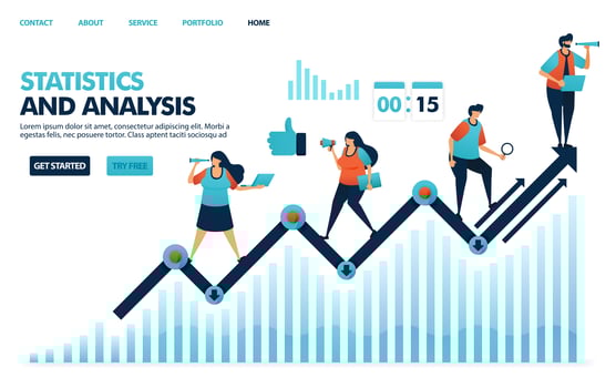 Looking at annual statistics on corporate performance. Analysis planning strategies and idea for corporate. Line chart in business statement report. Human illustration for website, mobile apps, poster vector