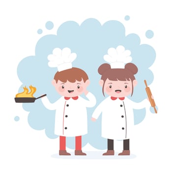 chefs boy and girl cartoon character with fried pan and roller pin vector