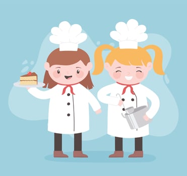 chefs girl cartoon character with pot ladle and cake vector