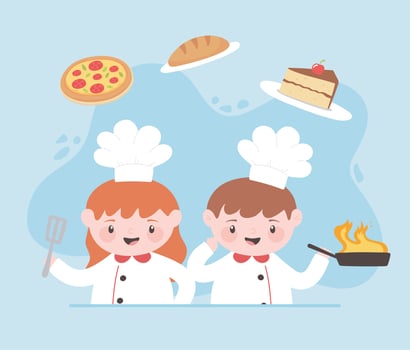 chefs boy and girl cartoon character with pizza cake bread vector