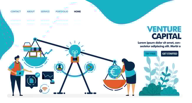 Venture capital to start businesses and companies. Looking for funding and investors to start a startup. Flat vector illustration for landing page, web, website, banner, mobile apps, flyer, poster