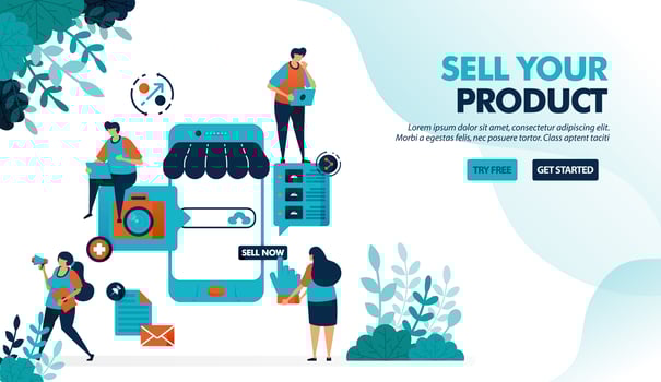 Marketplace platform for selling with smartphone. Create shop or business with a mobile system. Online internet promotion. Flat vector illustration for landing page, web, website, banner, mobile apps
