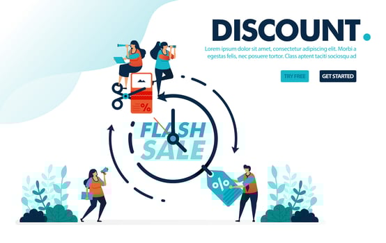 Vector illustration discount flash sale. People fighting and claiming discount voucher within a period. Time for a flash sale. Designed for landing page, web, banner, mobile, template, flyer, poster