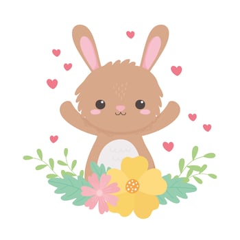 little rabbit flowers leaves foliage cartoon animal vector