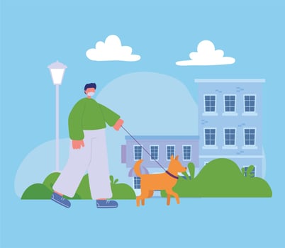 young man walking with dog pet in the street urban scene vector